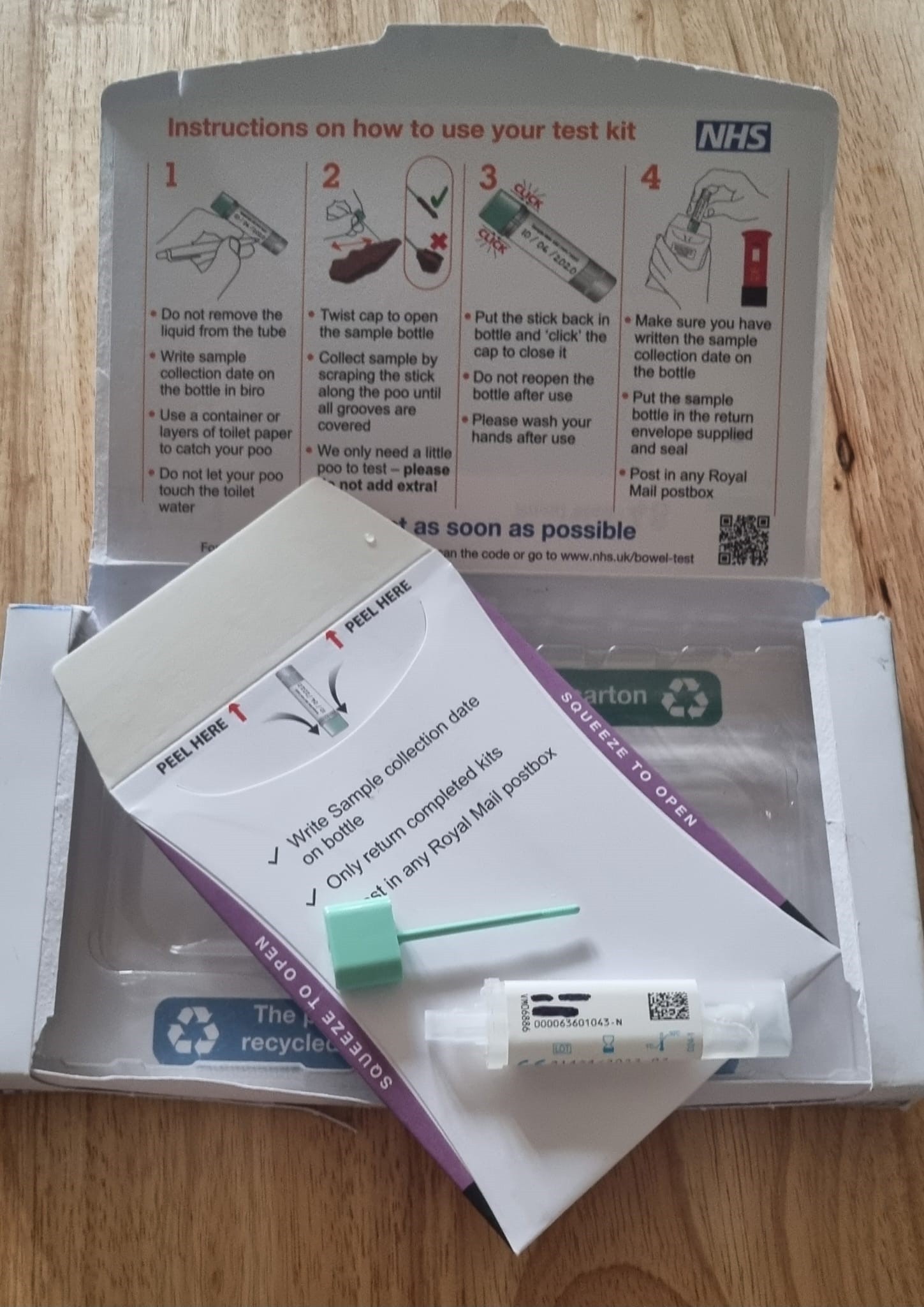 box and contents of bowel cancer kit