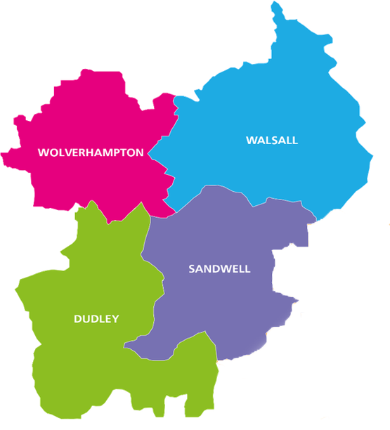 Map of the Black Country showing Dudley, Sandwell, Walsall and Wolverhampton 2